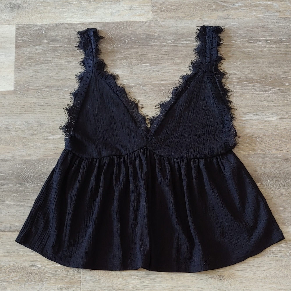 Urban Outfitters Black Lace-Trim Peplum Tank